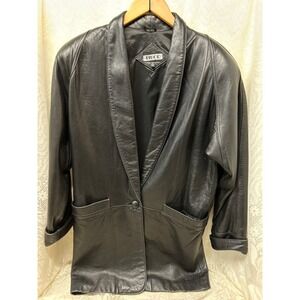 Tibor Black Genuine Leather Blazer Jacket Shawl Collar Single Button Women's M‎